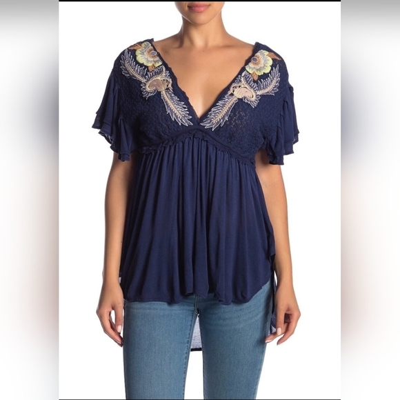 Free People Fiesta Nueva Floral Embroidered Navy Blue Tunic Top Retail $128.00 - Picture 10 of 17